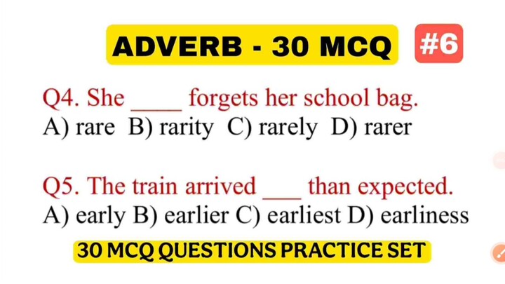 Adverb English Grammar 30 MCQ Questions | English Grammar Practice Questions