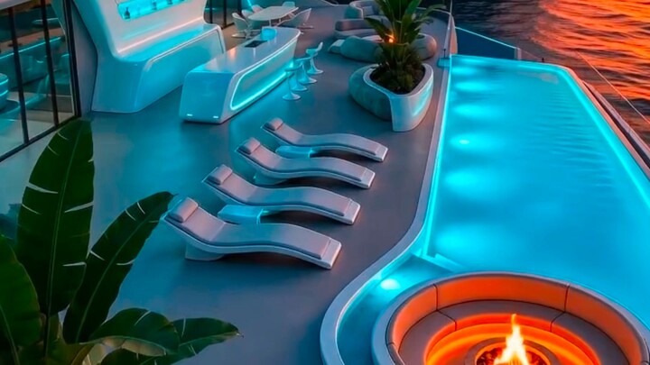A futuristic cliffside villa features an illuminated infinity pool and a sunken fire pit at sunset.