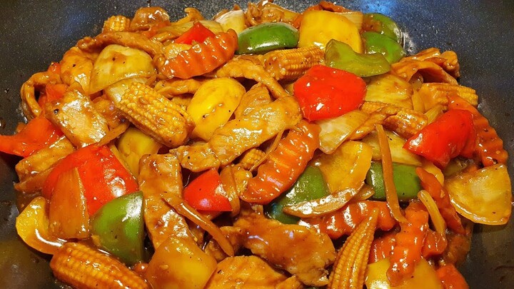 หมูผัดขิง สูตรร้านอาหารจีน | Stir-fried pork with ginger, bell pepper and baby corn | Chinese style