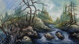 Melukis pemandangan sungai - Acrylic painting