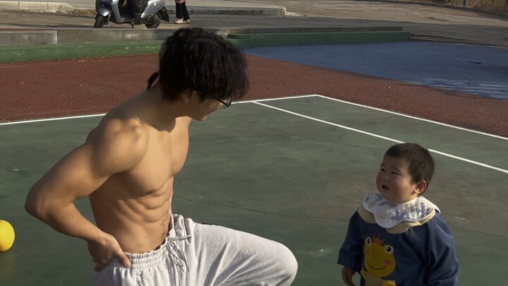 Muscle guy returns to the countryside and actually scares the neighbor's kid to tears!