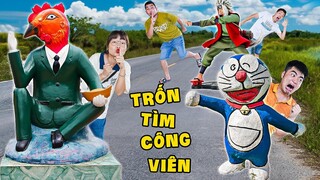 Hà Sam Chơi Trốn tìm Trong Công Viên Với Rất Nhiều Tượng Nhân Vật Doraemon, Naruto, Songoku