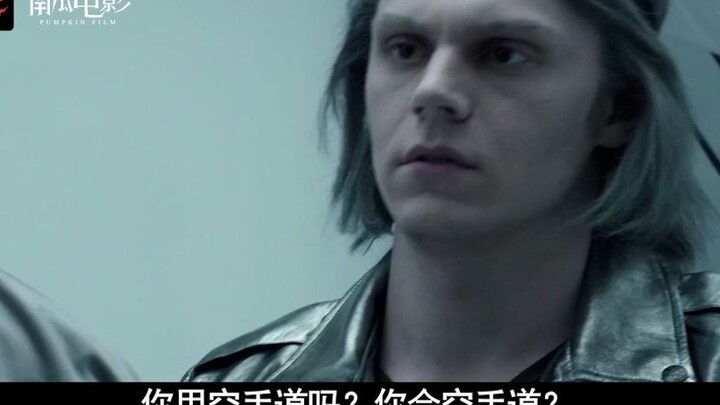 Quicksilver rescues Magneto, instantly sticks him to the wall, and shakes the glass with his bare ha