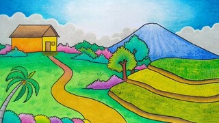Menggambar pemandangan gunung || Menggambar pemandangan sawah || Menggambar gunung