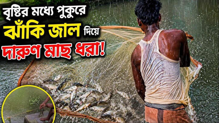বৃষ্টির মধ্যে পুকুরে ঝাঁকি জাল দিয়ে দারুণ মাছ ধরা