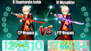 Kazuha C6 R1 Kagotsurube Isshin vs R1 Mistsplitter DMG Comparison - F2P vs P2P Weapon