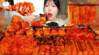 ASMR MUKBANG| 직접 만든 불닭 버섯 불닭볶음면 양념치킨 소세지 먹방 & 레시피 FRIED CHICKEN AND FIRE NOODLES EATING