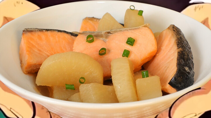 Replika 2000% ikan salmon dan lobak dari Kimetsu no Yaiba!! Dipadukan dengan onigiri bakar miso ala 