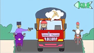 mobil truk oleng vs geng motor - funny cartoon - funny video - kartun lucu