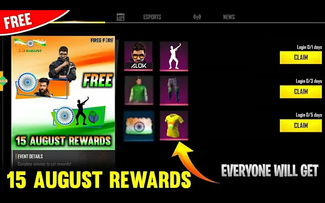 รางวัลฟรี 15 สิงหาคมใน Free Fire ฟรี Bundle Independence Day พิเศษ
