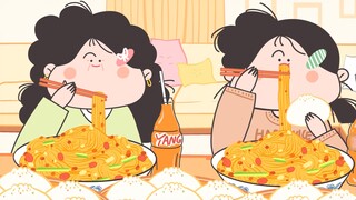 -Yanghuahua Animation Mukbang |. บะหมี่ผัดกับซาลาเปาเนื้อชิ้นใหญ่และรสชาติเล็กกำลังดีจริงๆ!