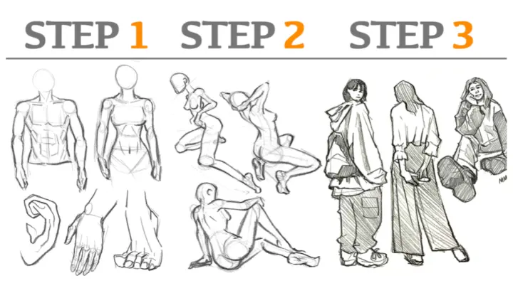 [Sketch Tutorial] Sketching of characters, from parts to body movements and clothes, the whole proce