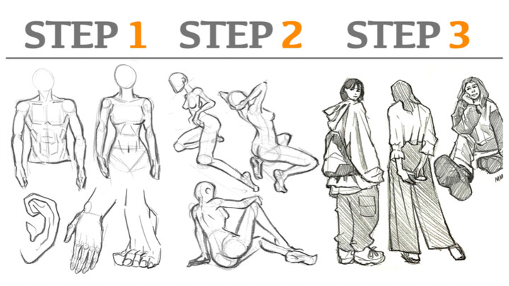 [Tutorial Sketsa] Membuat sketsa karakter, dari bagian tubuh hingga gerakan dan pakaian, seluruh pro