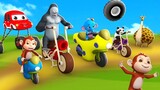 Funny Animals Wooden Color Monster Bikes Race in Jungle | Monkey, Panda, Elephant 3D Cartoons