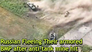 Russian BMP Crew abandon their vehicle after anti-tank mine hit.