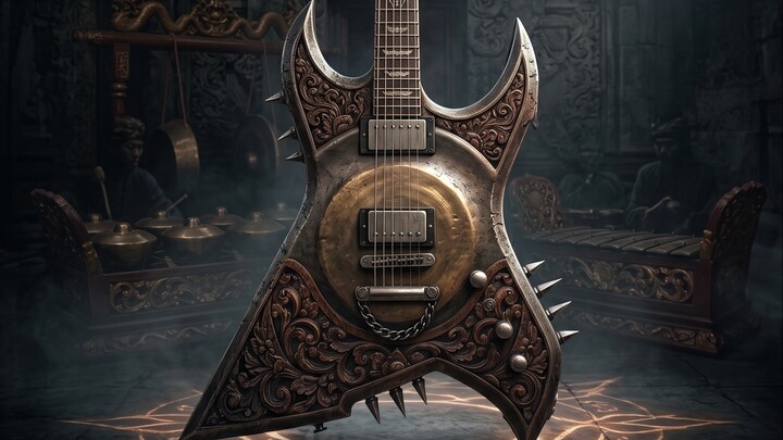 Epic cinematic action soundtrack, rock electric guitar, traditional Javanese gamelan orchestral