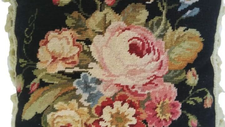 Small black peony velvet embroidery imported European handmade wool retro cross stitch cushion cover