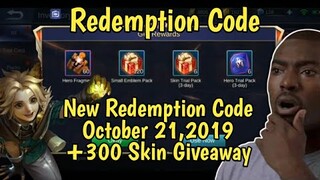 Redemption Code in Mobile Legends | October 21,2019 + 300 Skin Giveaway