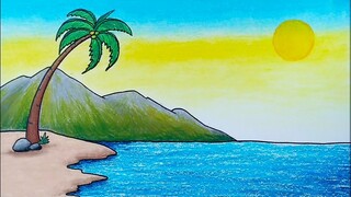Menggambar pemandangan pantai yang mudah || Cara menggambar pemandangan matahari terbit