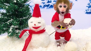 Monkey Baby Bon Bon สร้างมนุษย์หิมะและเล่นกับหิมะกับลูกสุนัขของเขา