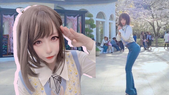 Wanita jeans mengajak Anda untuk menyaksikan bunga sakura bersama