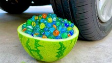 EKSPERIMEN : MOBIL vs MARBLES ASMR IN WATERMELON PEEL | Crushing Crunchy & Soft Things by Car!