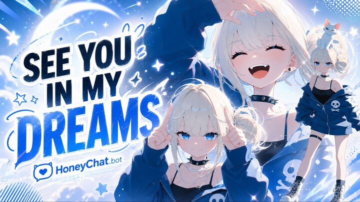 A cheerful anime girl invites you to visit her on HoneyChat
