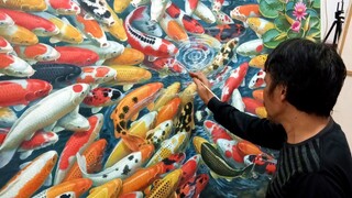 MELUKIS - LUKISAN IKAN KOI 99 EKOR Karya Pelukis DANDAN SA - CIANJUR - INDONESIA