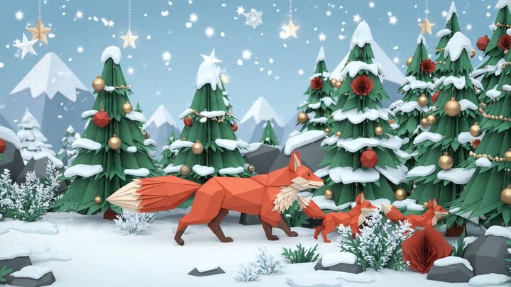 Fox family exploring snowy forest with decorated trees and stars