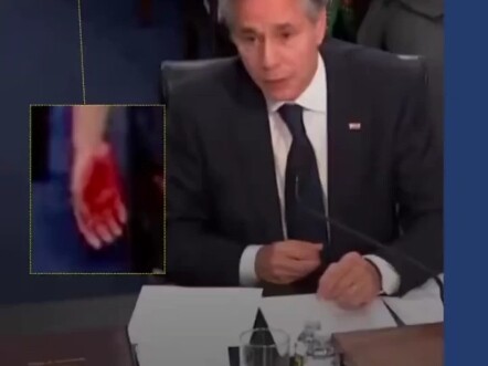 A protester uses sign language to denounce Blinken as a butcher and accomplice to genocide.