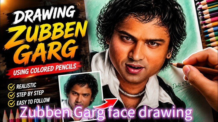drawing Zubeen Garg's face using colored pencils