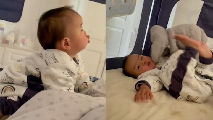 Bayi 1 tahun meniru dengkuran ayah, langsung terpaku begitu ketahuan sama ibu—ekspresinya jadi imut 