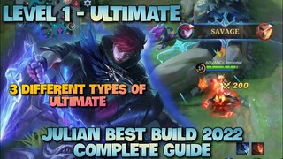 NEW HERO JULIAN BEST BUILD NEW COMPLETE GUIDE 2022 • TOO MUCH DAMAGE • SAVAGE • 33 KILLS • MLBB