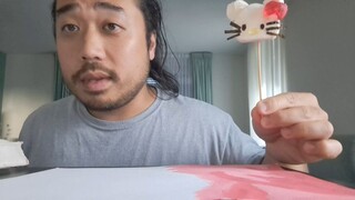 ASMR EATING HELLO KITTY MARSHMALLOW POP & PAINTING BACKGROUND SUNSET
