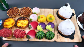 Real Eating without Talking | Strawberry Cake & Watermelon Rice Cake & Egg Plant Rice Cake & Egg Tart