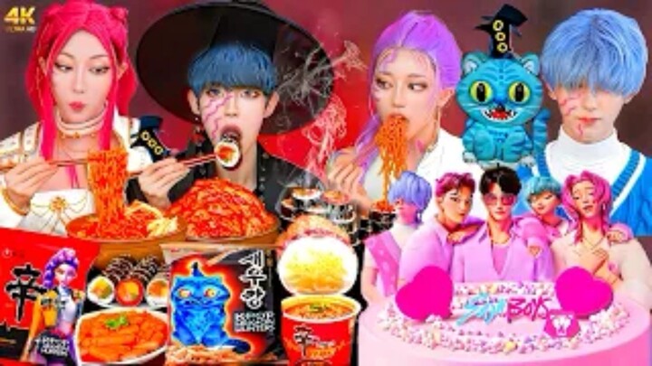 ASMR MUKBANG KPop Demon Hunters อาหารเกาหลี กิมจิ ราเมง คิมบับ ช็อกโกแลต เจลลี่ ลูกกวาด ของหวาน