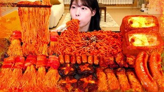 ASMR MUKBANG| 직접 만든 불닭 버섯 불닭볶음면 스팸 소세지 먹방 & 레시피 SPICY MUSHROOMS AND FIRE NOODLES EATING