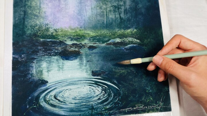 [Watercolour Live Recording] Drawing ripples with pen tip!!