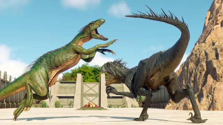 SCORPIOS REX vs INDORAPTOR vs INDOMINUS REX (DINOSAURS BATTLE) - Jurassic World Evolution 2