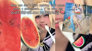 Sameko Saba mukbang watermelon 🍉🐟 Vtuber cosplay eating photoshoot props gone right