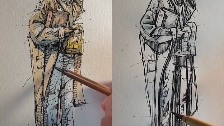 กระบวนการวาดสีน้ำด้วยปากกาหมึกซึม ภาพคนแบบเร่งรัด Kamulch