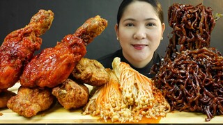 BLACK BEAN NOODLES,  SPICY ENOKI MUSHROOM & FRIED CHICKEN MUKBANG