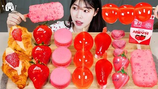 ASMR MUKBANG| 핑크 디저트 딸기 아이스크림 탕후루 마카롱 젤리 먹방 & 레시피 DESSERT ICE CREAM MACARONS EATING