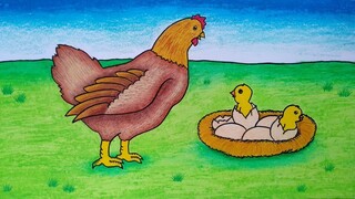Cara menggambar ayam || Menggambar induk ayam dan anak || Menggambar telur menetas