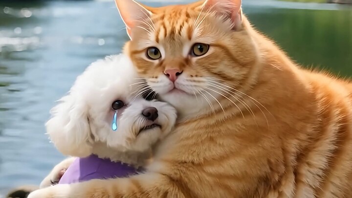 Anak anjing Bichon Frisé disakiti sampai putus asa, untungnya bertemu kucing oranye