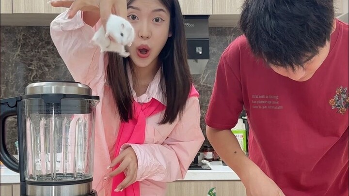 用气球代替仓鼠，假装把仓鼠掉进榨汁机整蛊哥哥