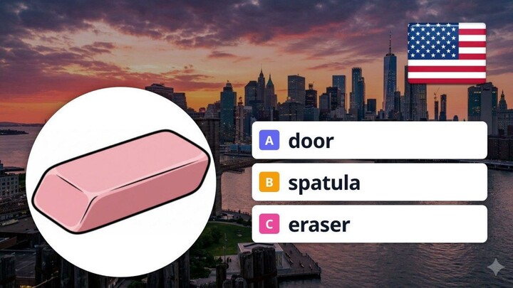 Guess the Word: 4 Essential English Vocabulary Words (Eraser, Book, Door, Spatul