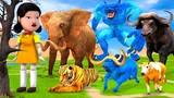 Titan T-Rex, Gaint Elepant, Cow Cartoon, Buffalo, Giant Bull, Tiger, Zombie Wolf vs Squid Game Doll