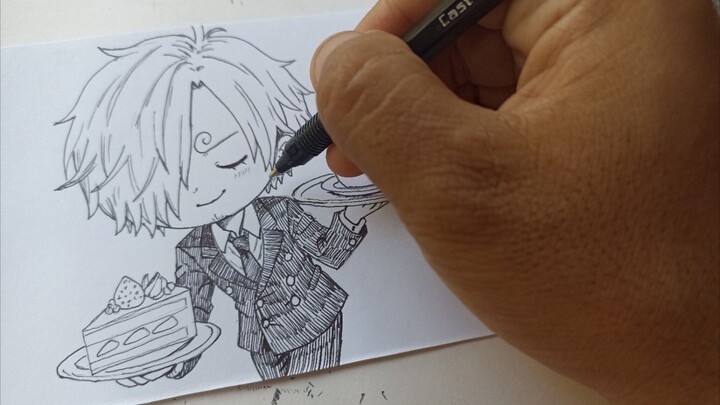 menggambar chibi Sanji dari anime One Piece