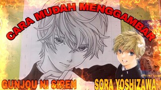 cara mudah menggambar anime gunjou ni siren, sora